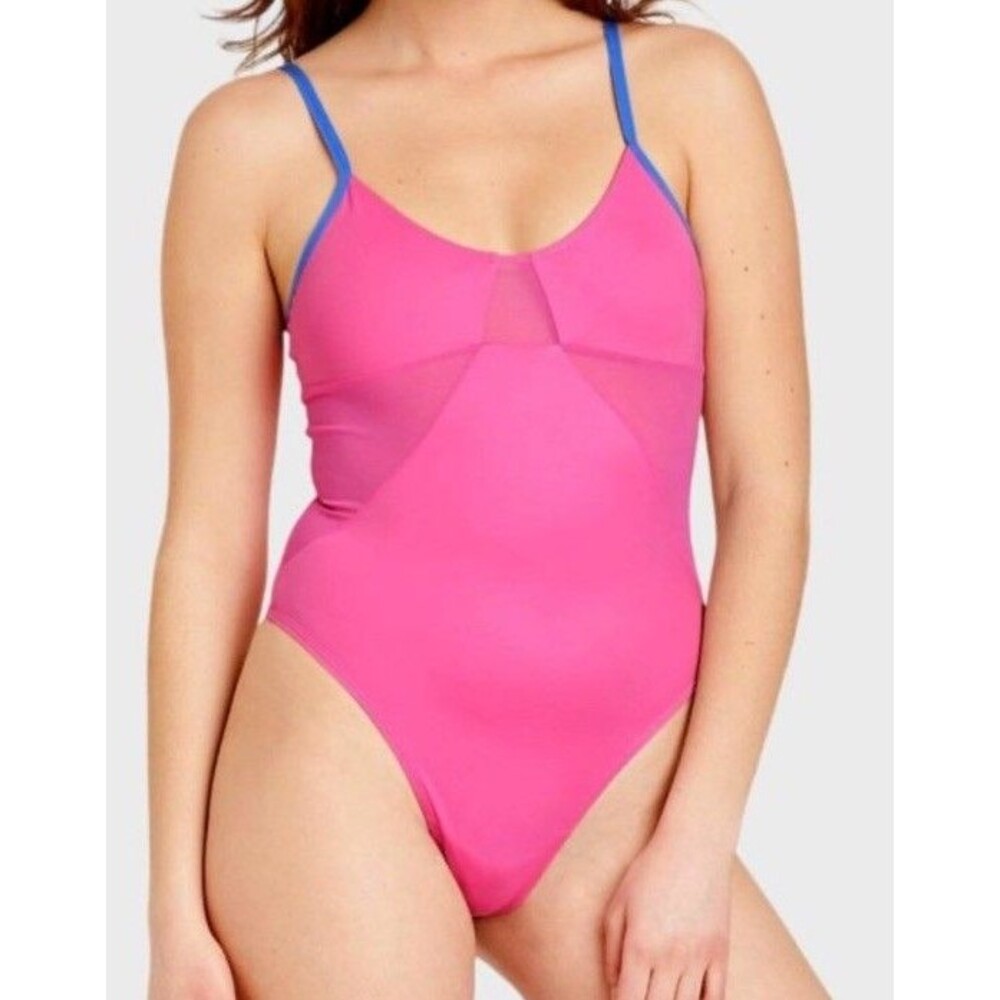 Colsie Womens Thong Bathing Suit Size XS One Piece Mesh Pink Blue Adjustable Tie
